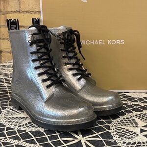 Michael Kors metallic silver lace-up Tavie rainbootie